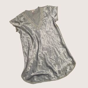 Oscar de la Renta Pink Label Silk Blend Blouse S Blue V Neck Cap Sleeve